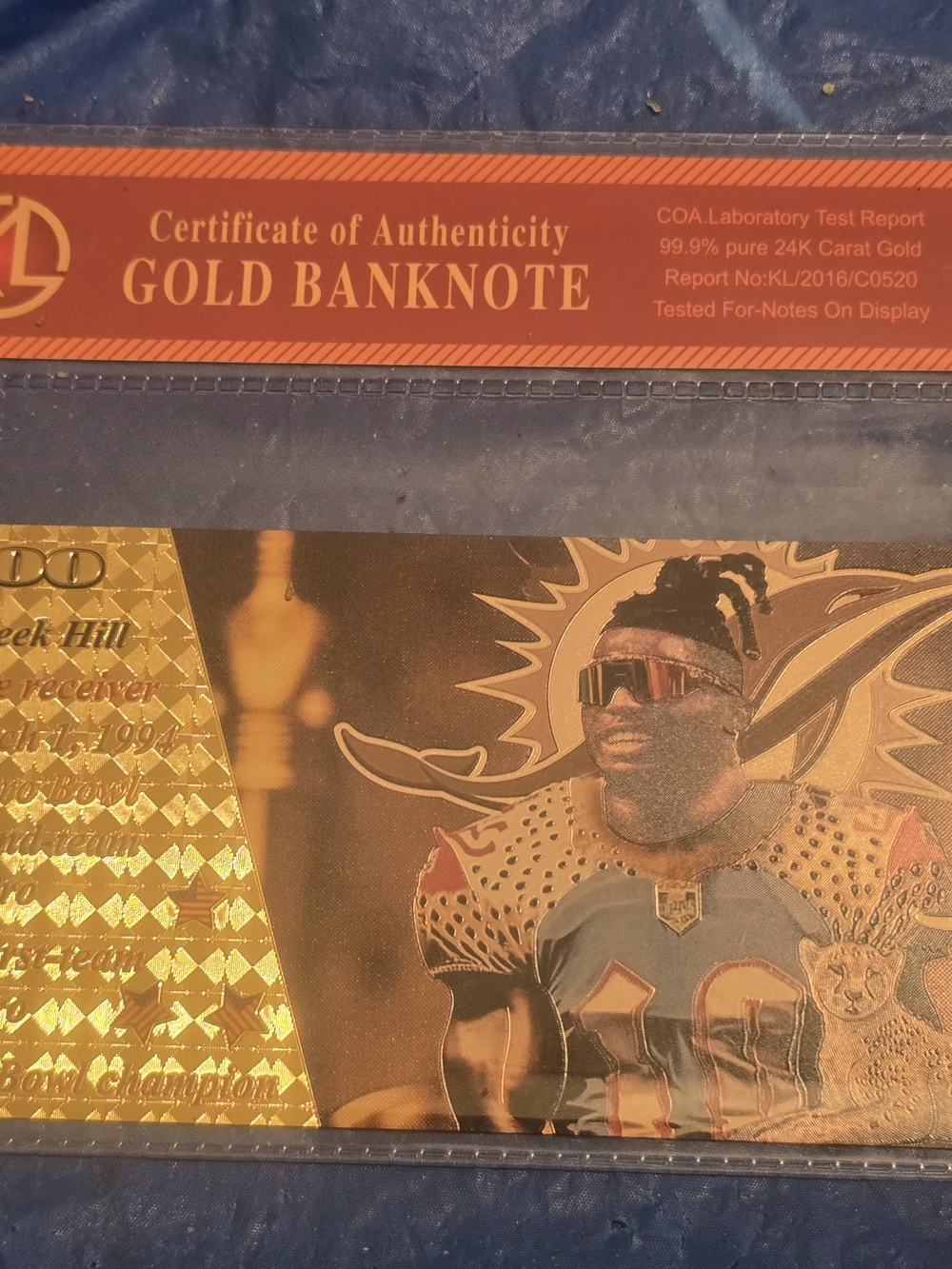 Tyreek Hill $100 Pure 24 Ct Gold Banknote Certificate